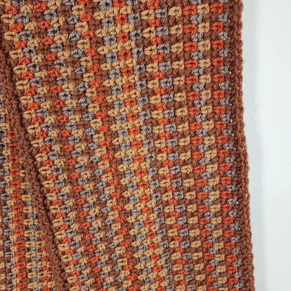 New Handmade Crochet Scarf Fringe Orange Brown Earth Tones Boho Wrap